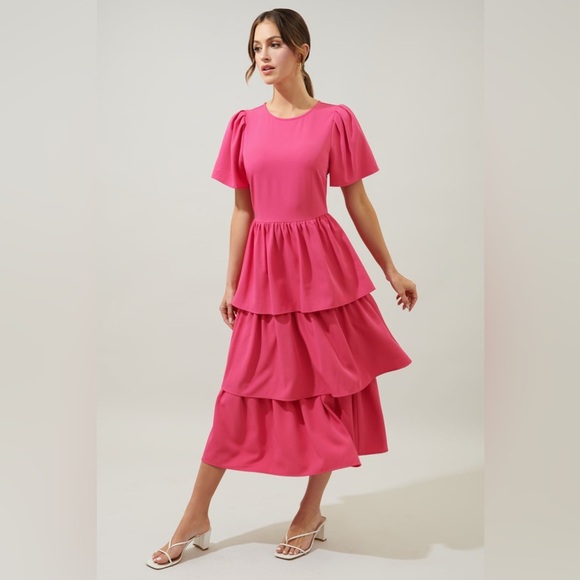 NWT SUGARLIPS Sweet Nothing Tiered Midi Dress  in Fuchsia Pink Size Medium - Picture 16 of 16